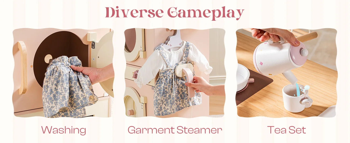 Kids Corner Kitchen Playset Wooden Play Kitchen Set with Realistic Sound Pretend Play Gift for Boys Girls Pink