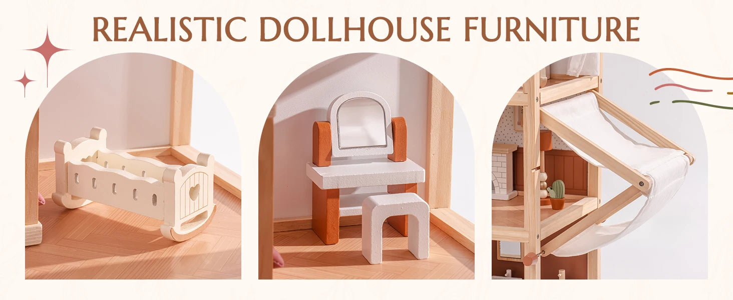 Robud Wooden Dollhouse 6 Rooms 29 Realistic Accessories 4-6" Dolls  Nordic Style Kids Toddlers Gift Ages 3+
