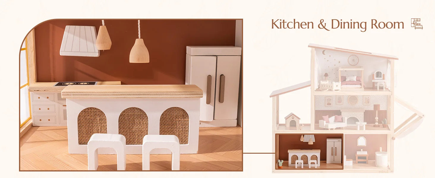 Robud Wooden Dollhouse 6 Rooms 29 Realistic Accessories 4-6" Dolls  Nordic Style Kids Toddlers Gift Ages 3+