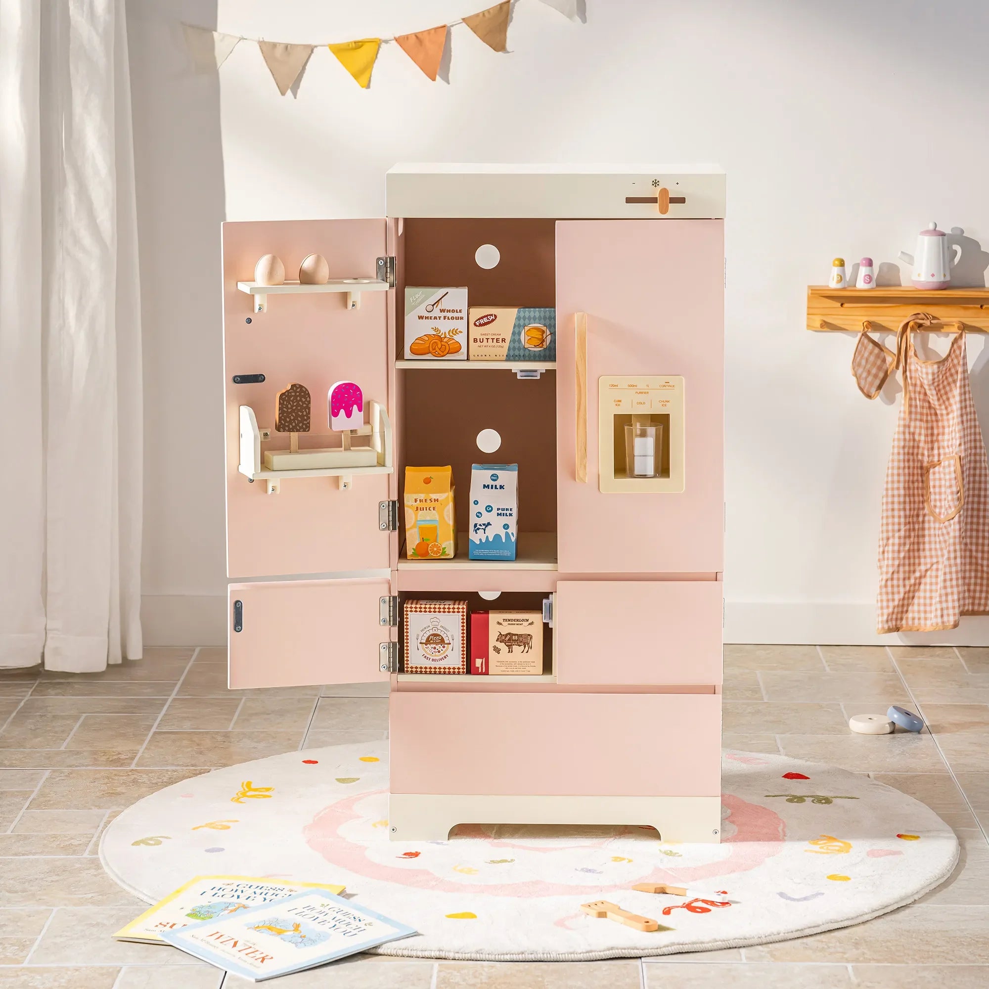 Kids Corner Kitchen Playset Wooden Play Kitchen Set with Realistic Sound Pretend Play Gift for Boys Girls Pink