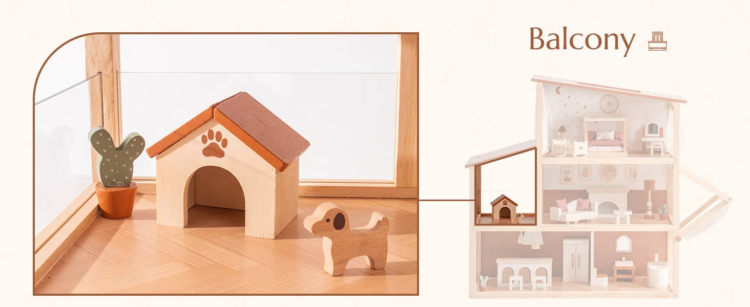 Robud Wooden Dollhouse 6 Rooms 29 Realistic Accessories 4-6" Dolls  Nordic Style Kids Toddlers Gift Ages 3+
