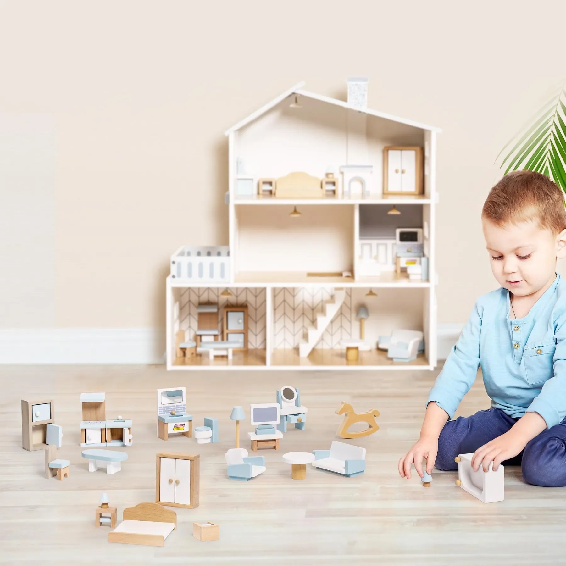 Robud Wooden Dollhouse 6 Rooms 29 Realistic Accessories 4-6" Dolls  Nordic Style Kids Toddlers Gift Ages 3+