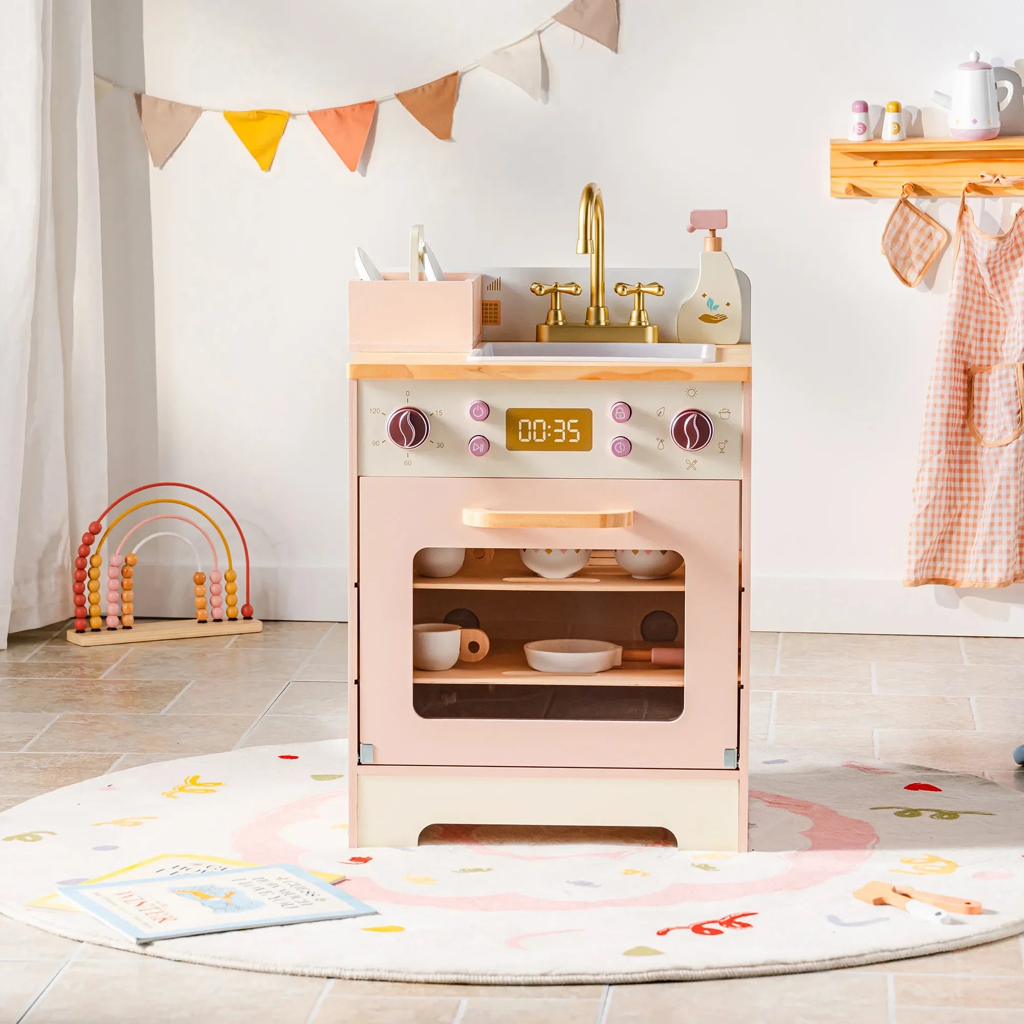 Kids Corner Kitchen Playset Wooden Play Kitchen Set with Realistic Sound Pretend Play Gift for Boys Girls Pink