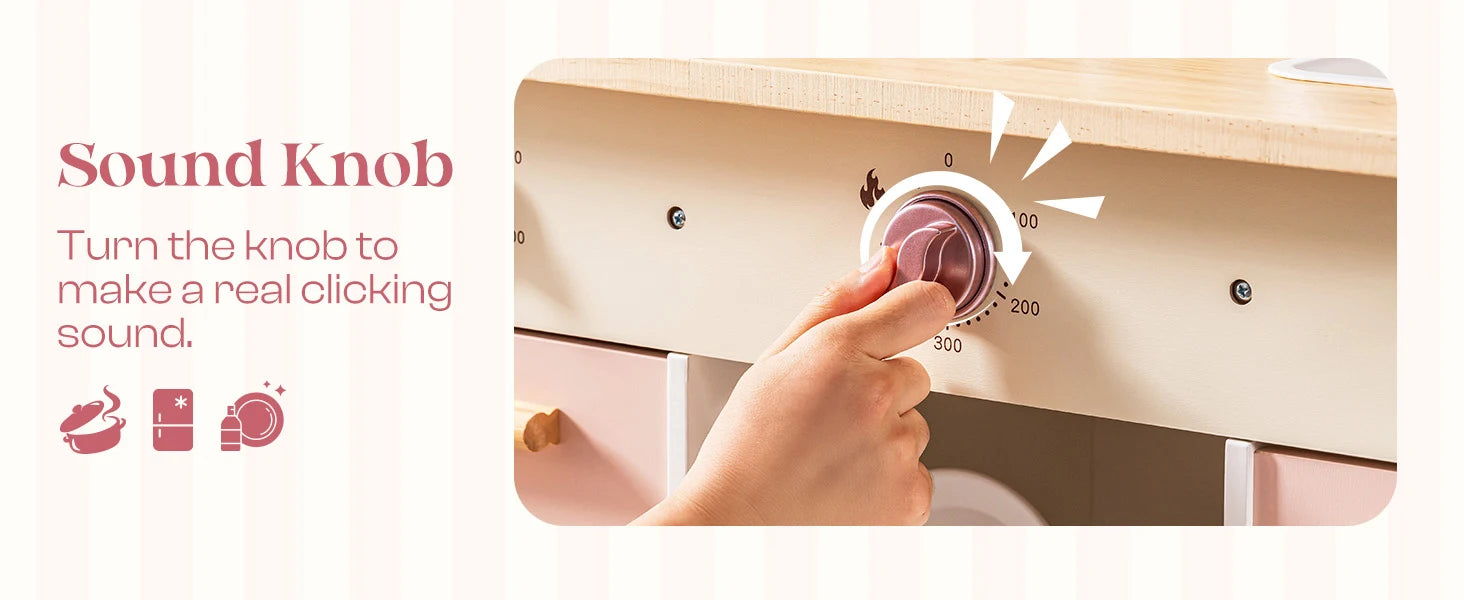 Kids Corner Kitchen Playset Wooden Play Kitchen Set with Realistic Sound Pretend Play Gift for Boys Girls Pink