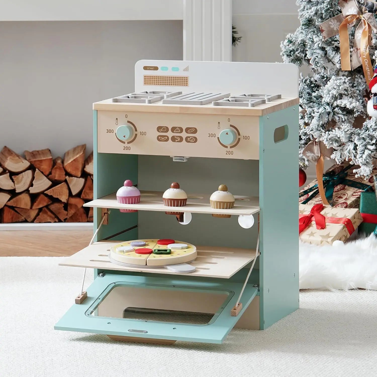 Kitchen Oven Playset, Montessori Pretend Play Kitchen Accessories with Pizza and Cupcakes