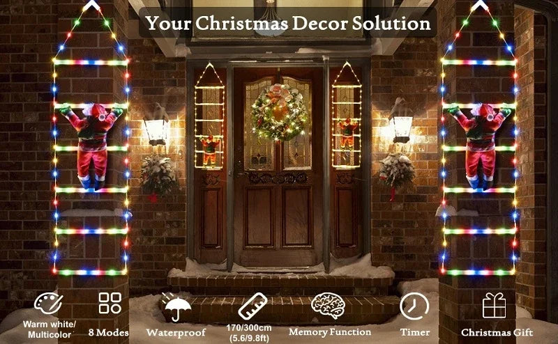 LED Christmas Ladder Lights with Santa Claus Doll String Light USB Indoor Outdoor Home Garden Christmas Decor