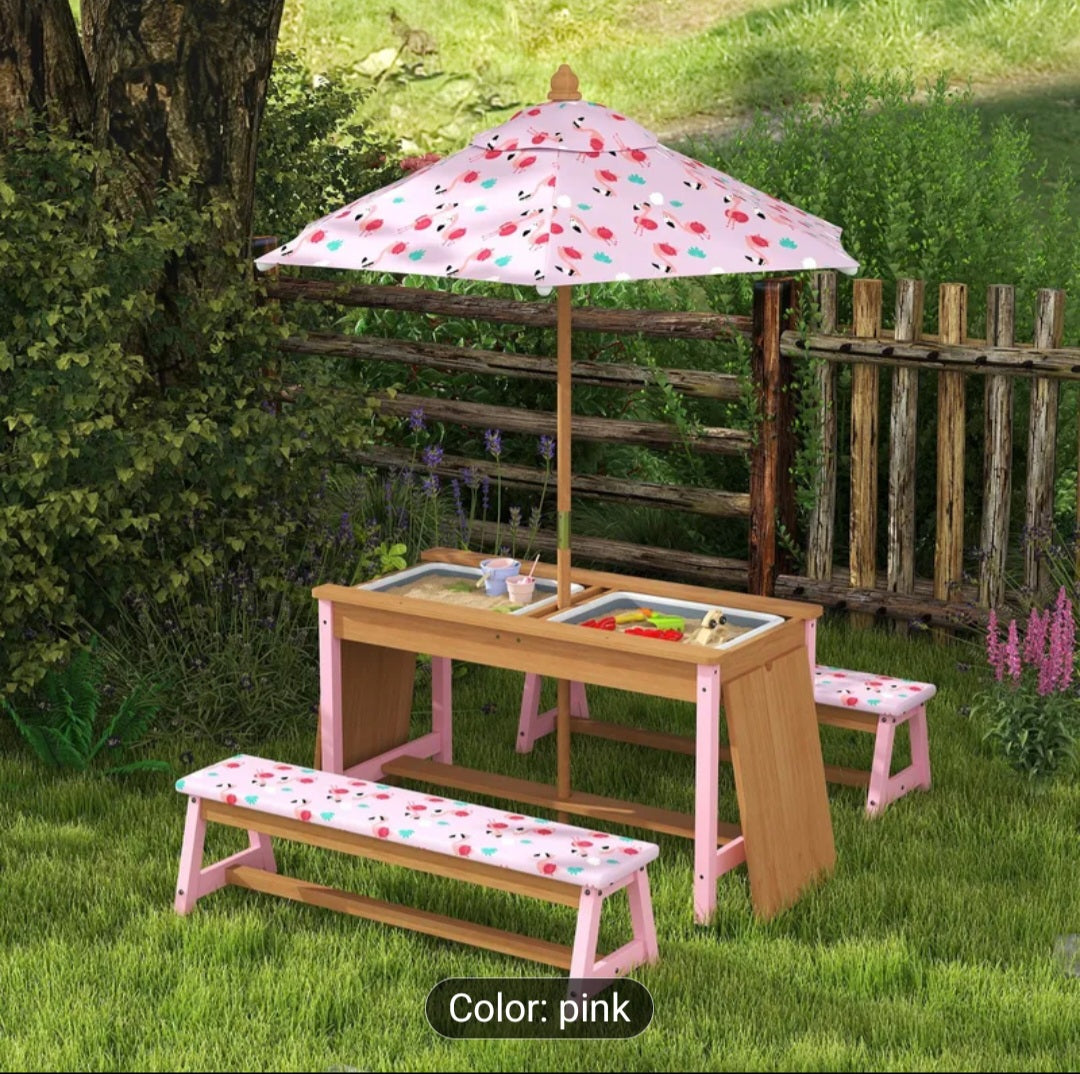Kids Wooden Picnic Table with Umbrella & Cushions – Flamingo Theme