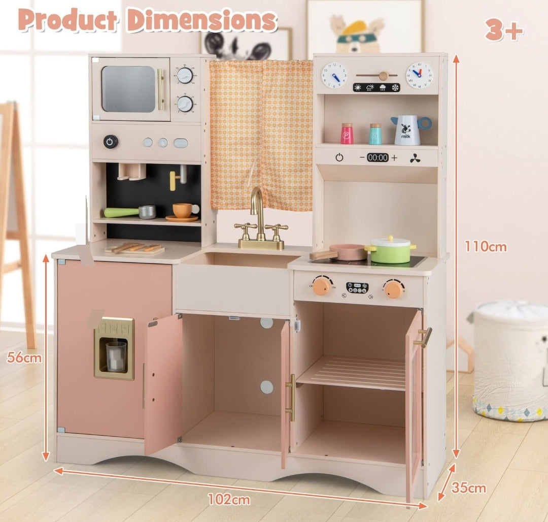 Wooden Play Kitchen Set with Ice Maker and Coffee Machine.