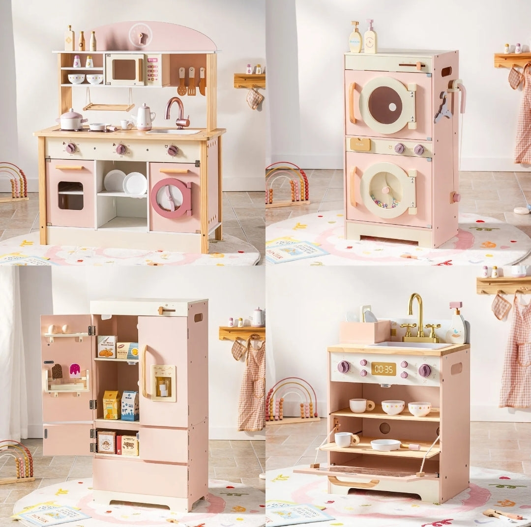 Kids Kitchen Playset Wooden Play Kitchen Set with Realistic Sound Pink