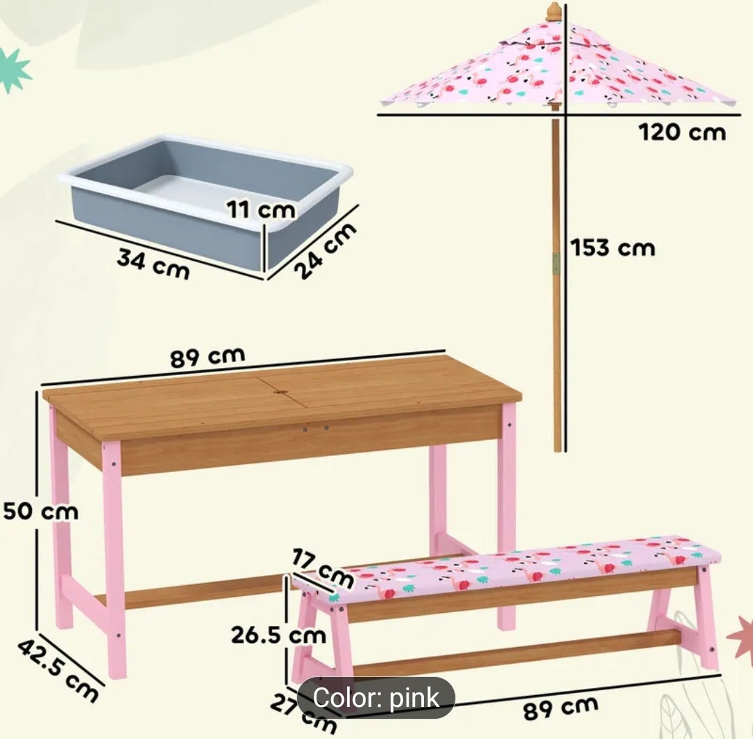 Kids Wooden Picnic Table with Umbrella & Cushions – Flamingo Theme