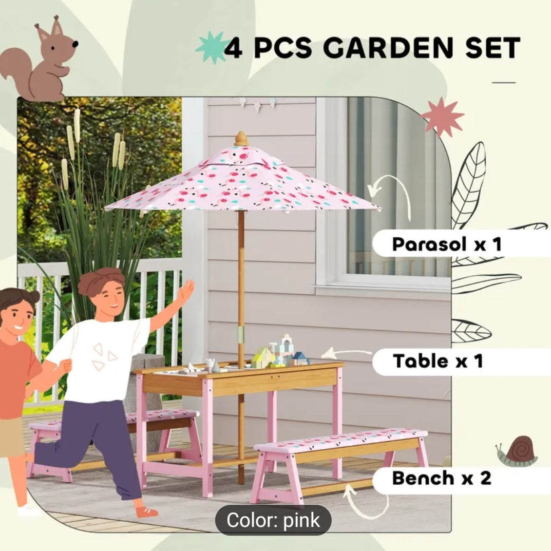 Kids Wooden Picnic Table with Umbrella & Cushions – Flamingo Theme
