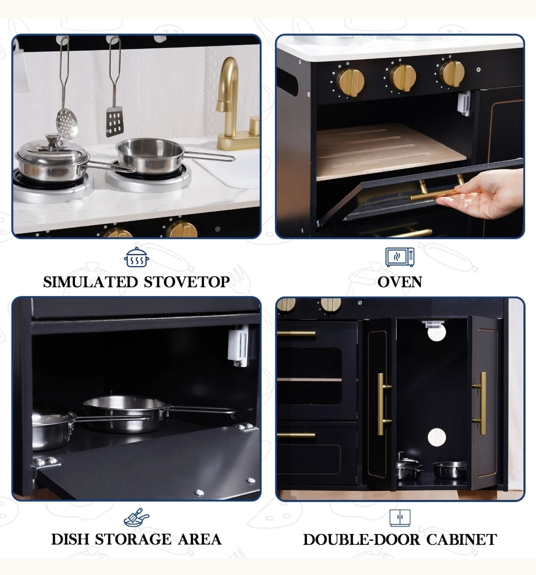 Wooden Play Kitchen Set with Ice Maker and Coffee machine