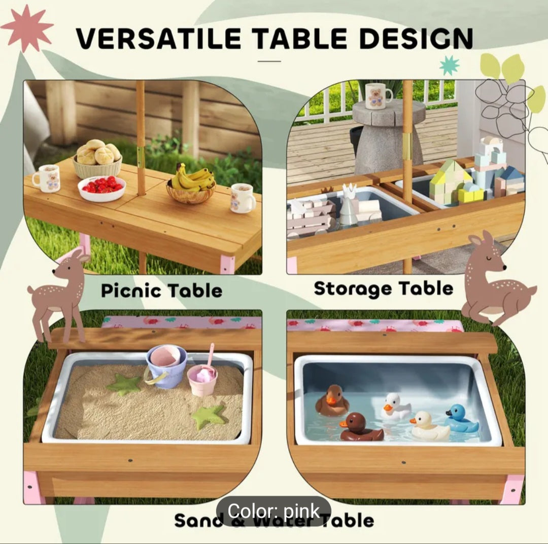 Kids Wooden Picnic Table with Umbrella & Cushions – Flamingo Theme