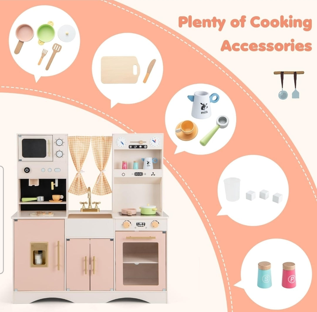 Wooden Play Kitchen Set with Ice Maker and Coffee Machine.