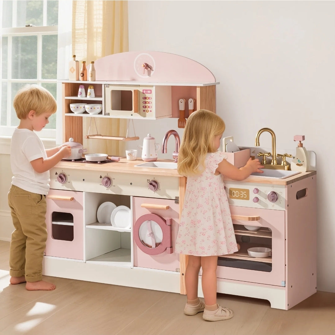 Kids Kitchen Playset Wooden Play Kitchen Set with Realistic Sound Pink