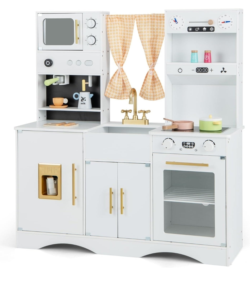 Wooden Play Kitchen Set with Ice Maker and Coffee Machine.