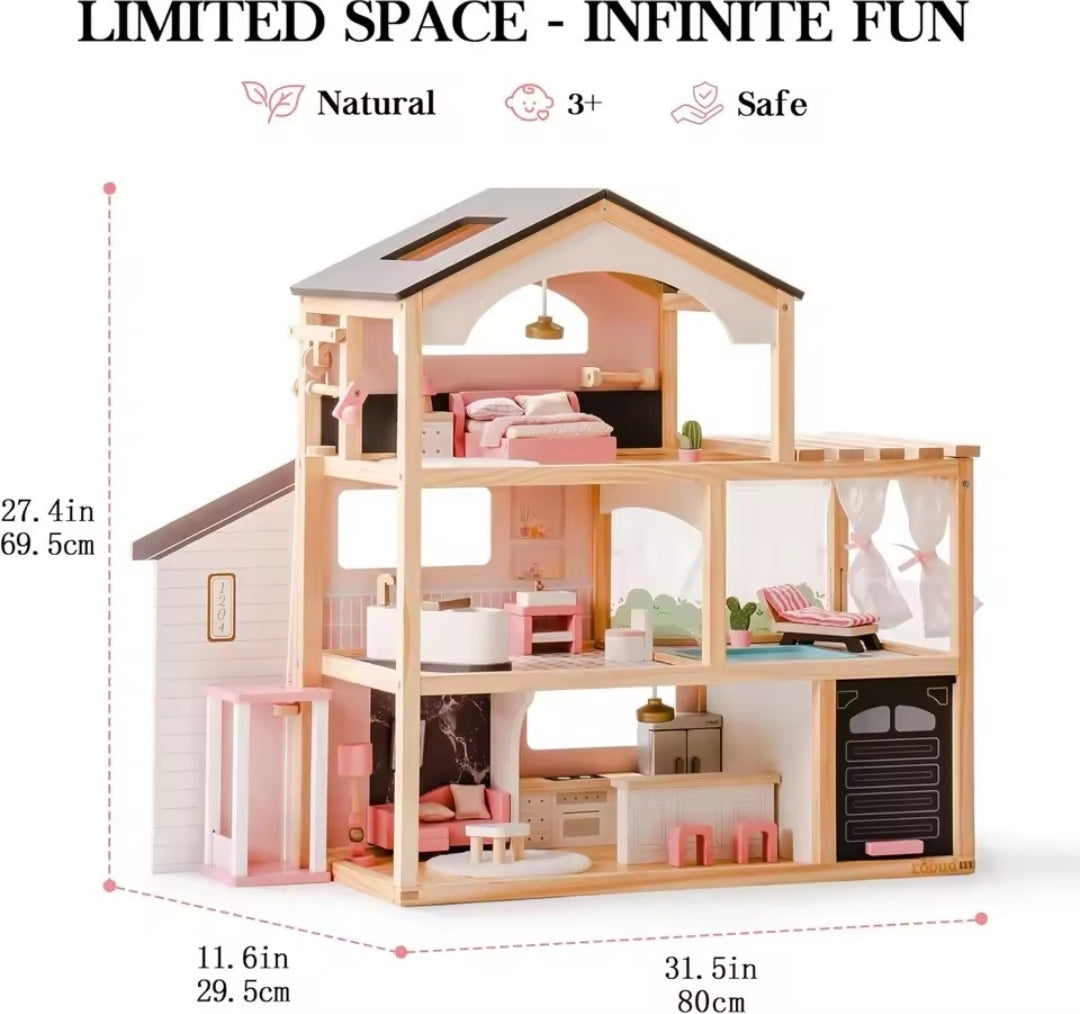 Wooden Dollhouse Luxury Villa for Dolls with working elevator and swimming pool.